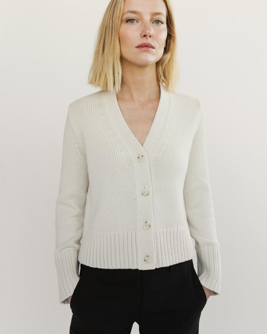 The Ellis Cotton Cardigan in ivory, front view — State of Cotton NYC