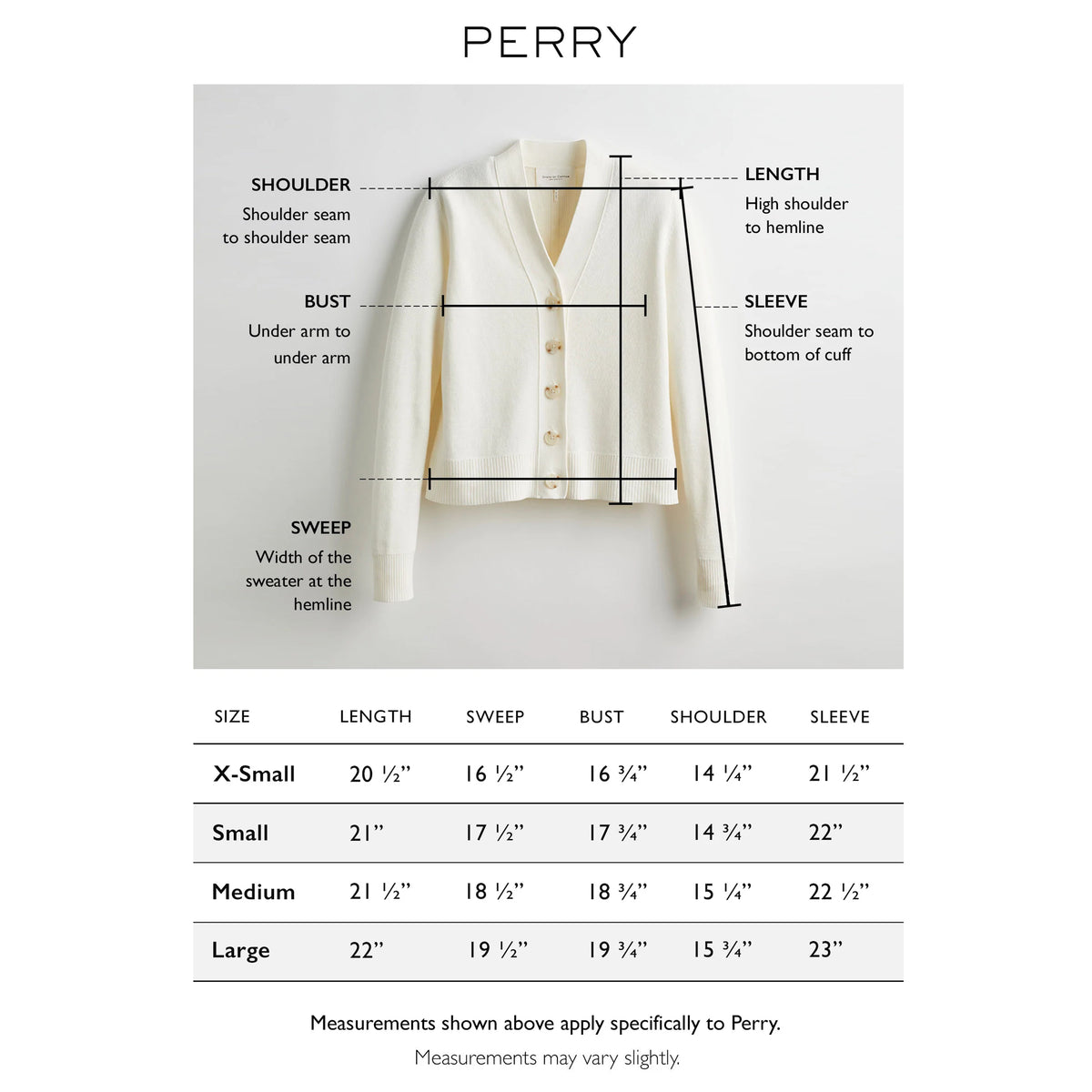 Size chart for The Perry Cotton Cardigan — State of Cotton NYC