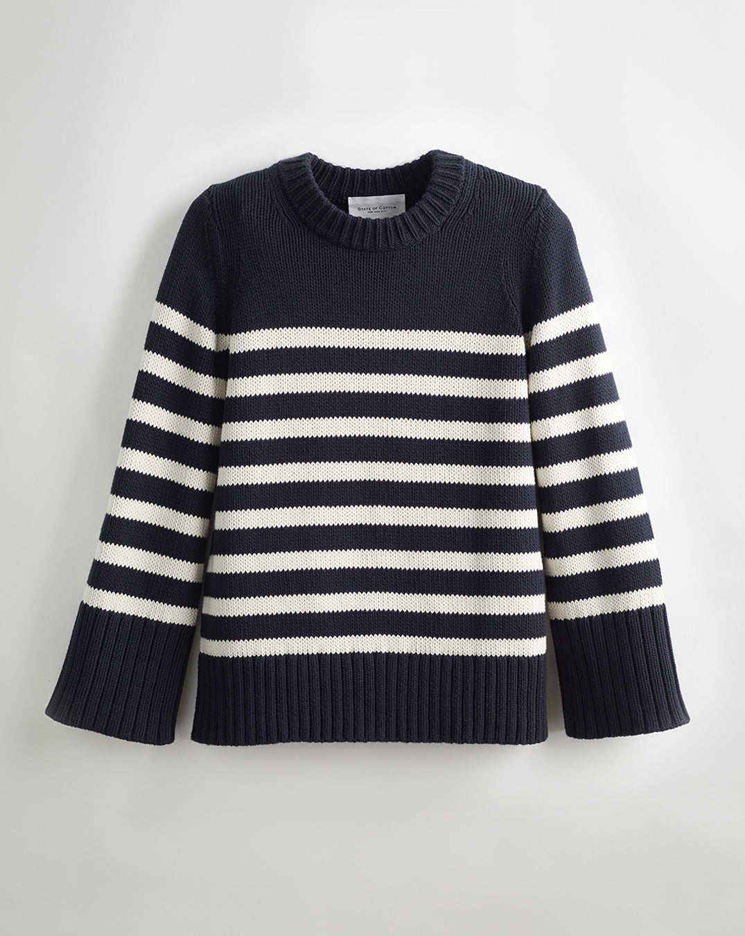 The Kittery Stripe Cotton Bell Sleeve Sweater in navy and ivory — State of Cotton NYC