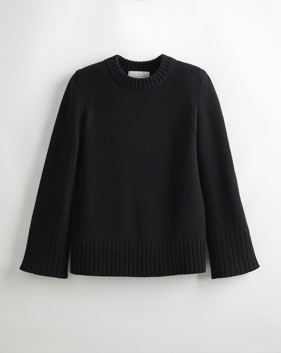 The Kittery Cotton Bell Sleeve Sweater in black, front view — State of Cotton NYC