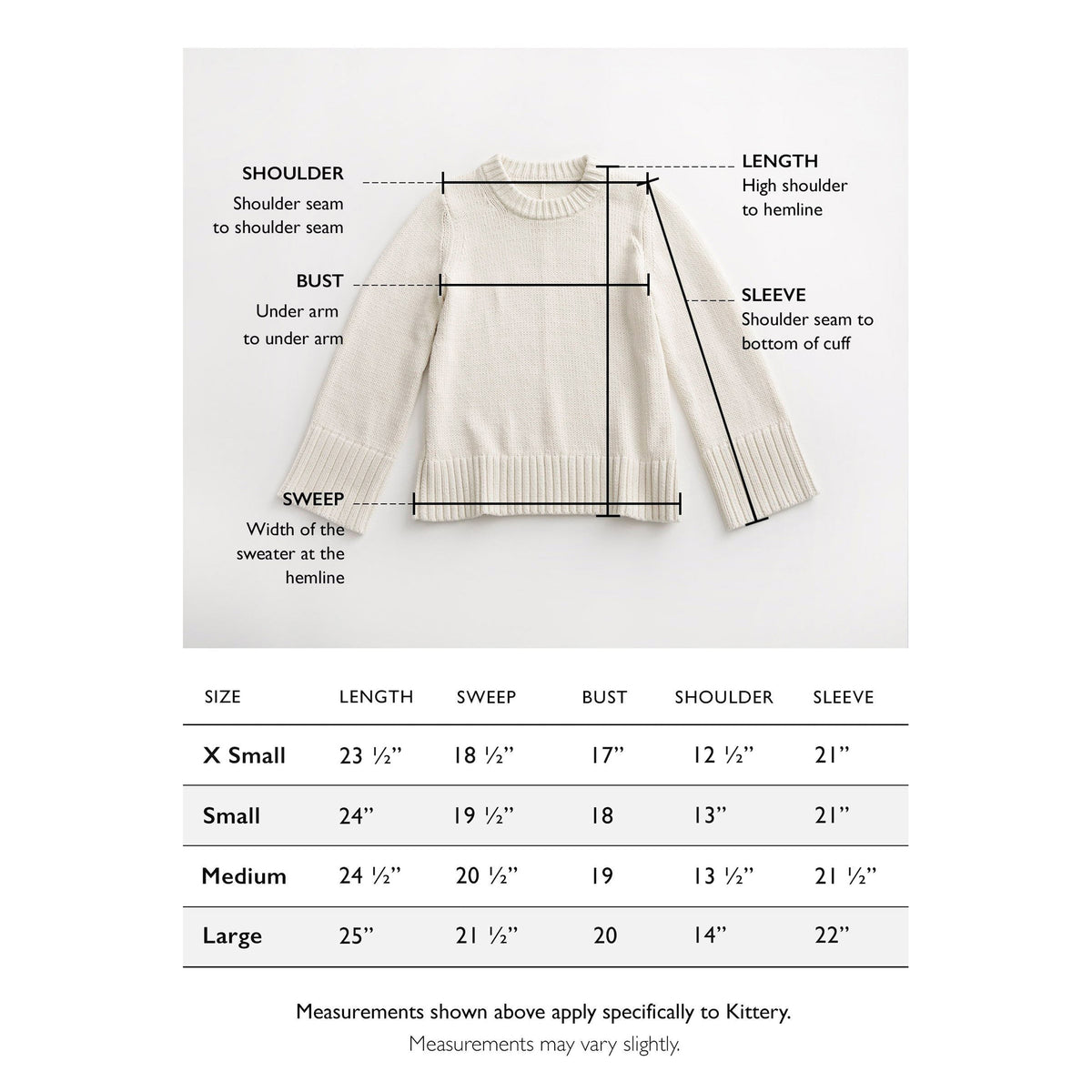 Size chart for The Kittery Cotton Bell Sleeve Sweater — State of Cotton NYC