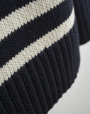 Detail shot of The Kittery Stripe Cotton Bell Sleeve Sweater in ivory and navy — Turkish cotton