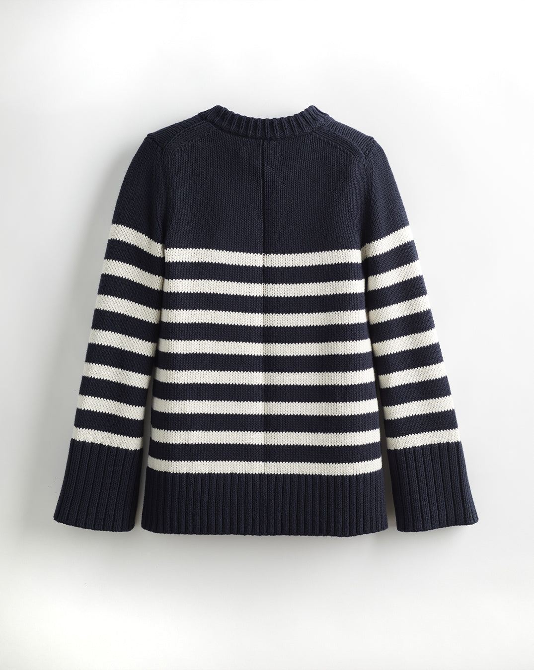 The Kittery Stripe Cotton Bell Sleeve Sweater in navy and ivory, back view — State of Cotton NYC