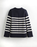 The Kittery Stripe Cotton Bell Sleeve Sweater in navy and ivory, back view — State of Cotton NYC