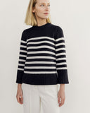 The Kittery Stripe Cotton Bell Sleeve Sweater in navy and ivory — State of Cotton NYC