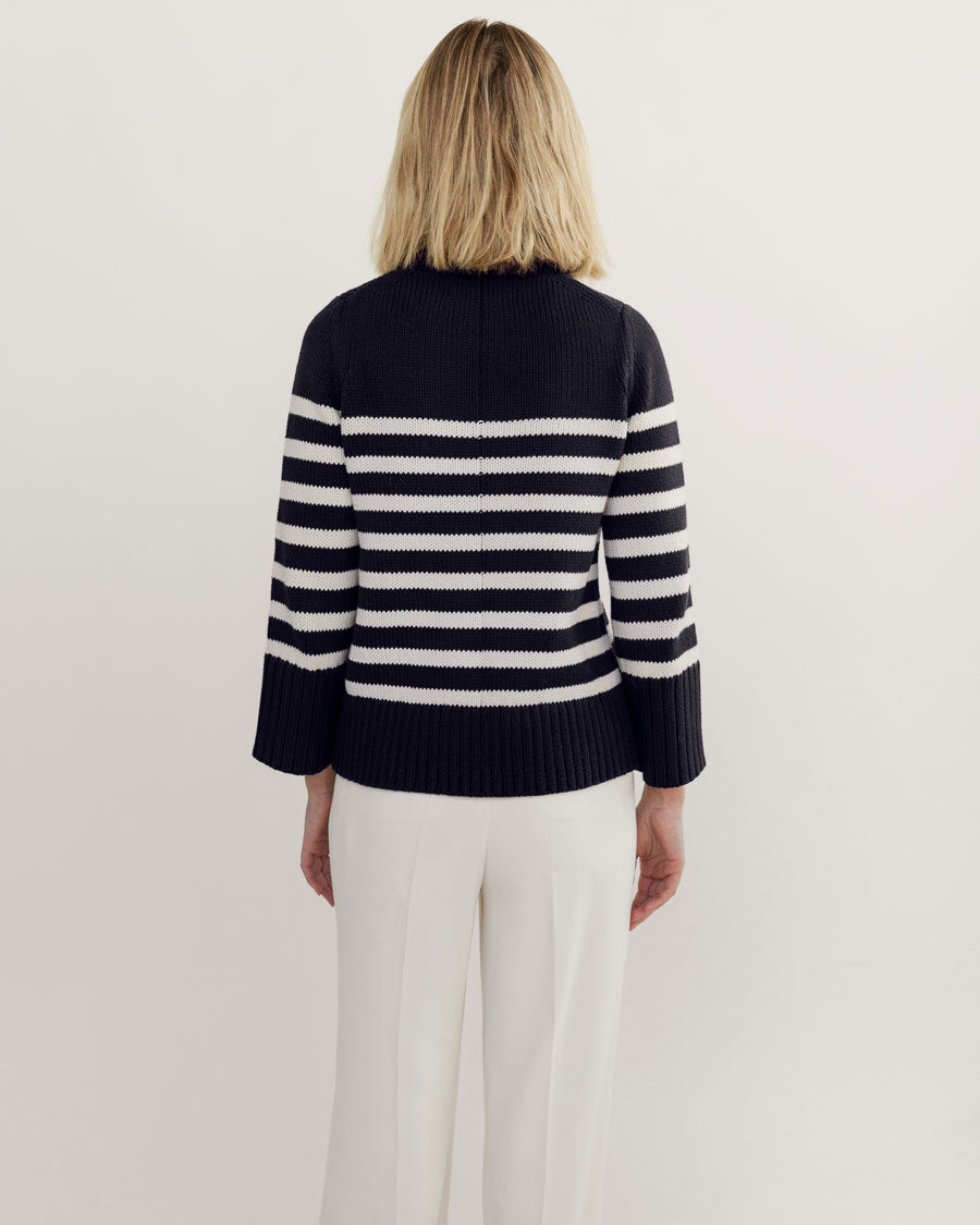 The Kittery Stripe Cotton Bell Sleeve Sweater in navy and ivory, additional view — State of Cotton NYC
