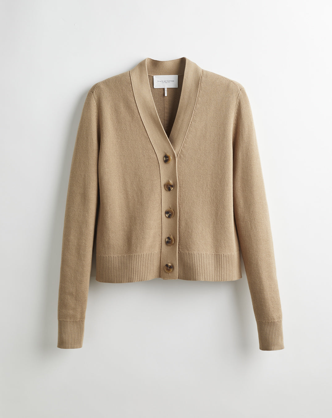 The Perry Cotton Cardigan in camel, front view — State of Cotton NYC