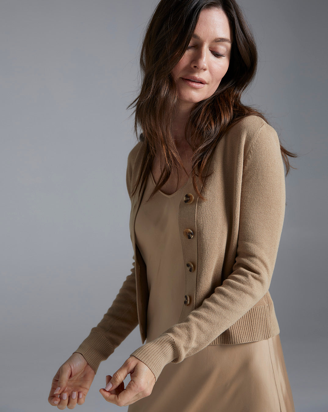 Detail shot of The Perry Cotton Cardigan in camel — Egyptian cotton