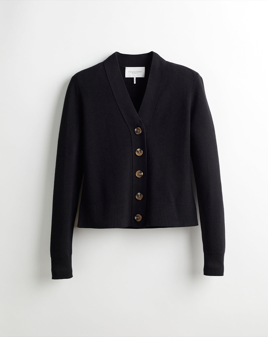 The Perry Cotton Cardigan in black, front view — State of Cotton NYC