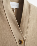 Detail shot of The Perry Cotton Cardigan in camel — Egyptian cotton