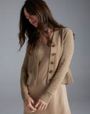 The Perry Cotton Cardigan in camel, lifestyle view — State of Cotton NYC