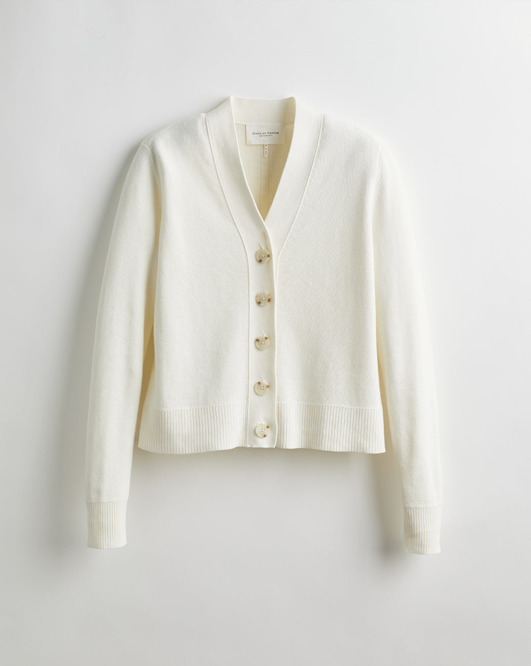 The Perry Cotton Cardigan in eggshell, front view — State of Cotton NYC