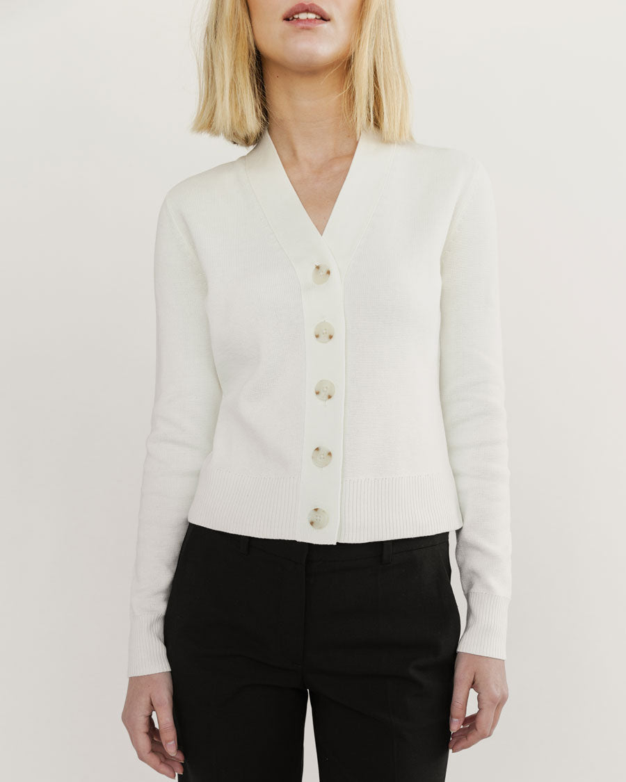 The Perry Cotton Cardigan in eggshell, individual view — State of Cotton NYC