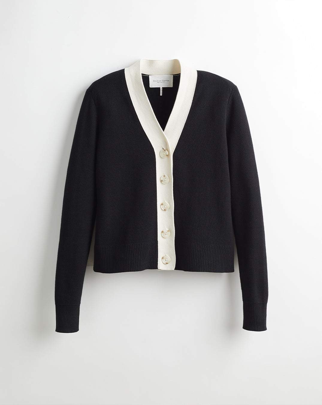 The Perry Tipped Cotton Cardigan, front view — State of Cotton NYC