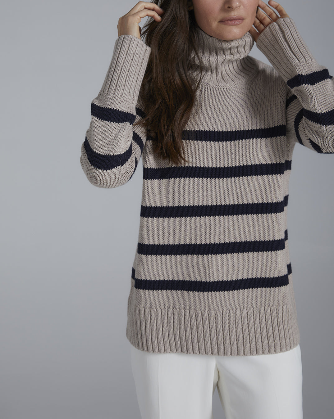 The Wynn Stripe Cotton Turtleneck Sweater in oat and navy, additional view — State of Cotton NYC