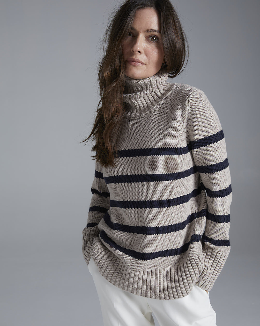 The Wynn Stripe Cotton Turtleneck Sweater in oat and navy, additional view — State of Cotton NYC