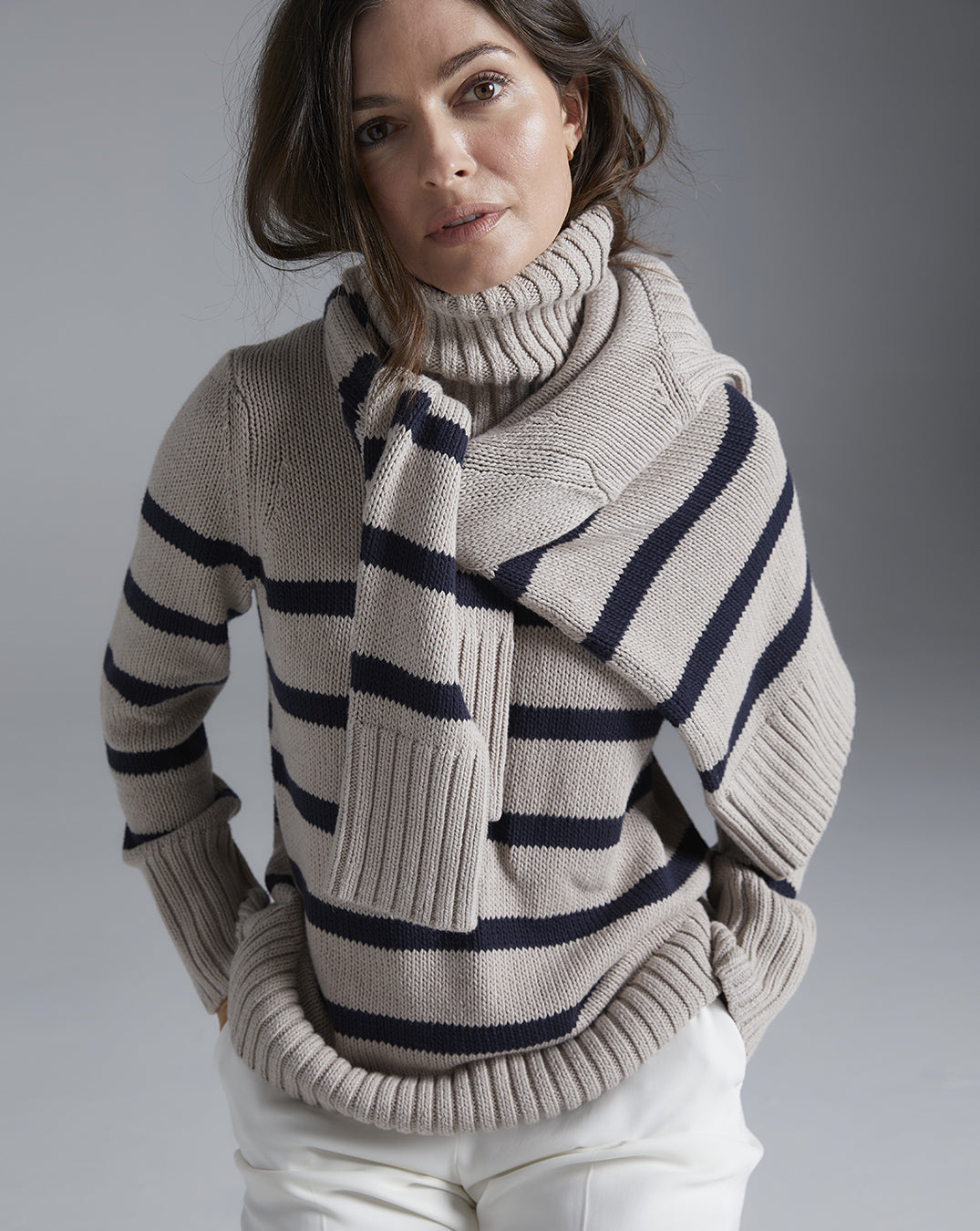 The Wynn Stripe Cotton Turtleneck Sweater in oat and navy, additional view — State of Cotton NYC