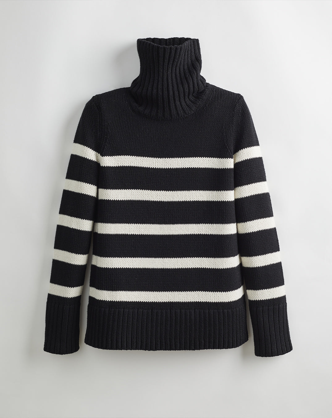 The Wynn Stripe Cotton Turtleneck Sweater in ivory and black, front view — State of Cotton NYC