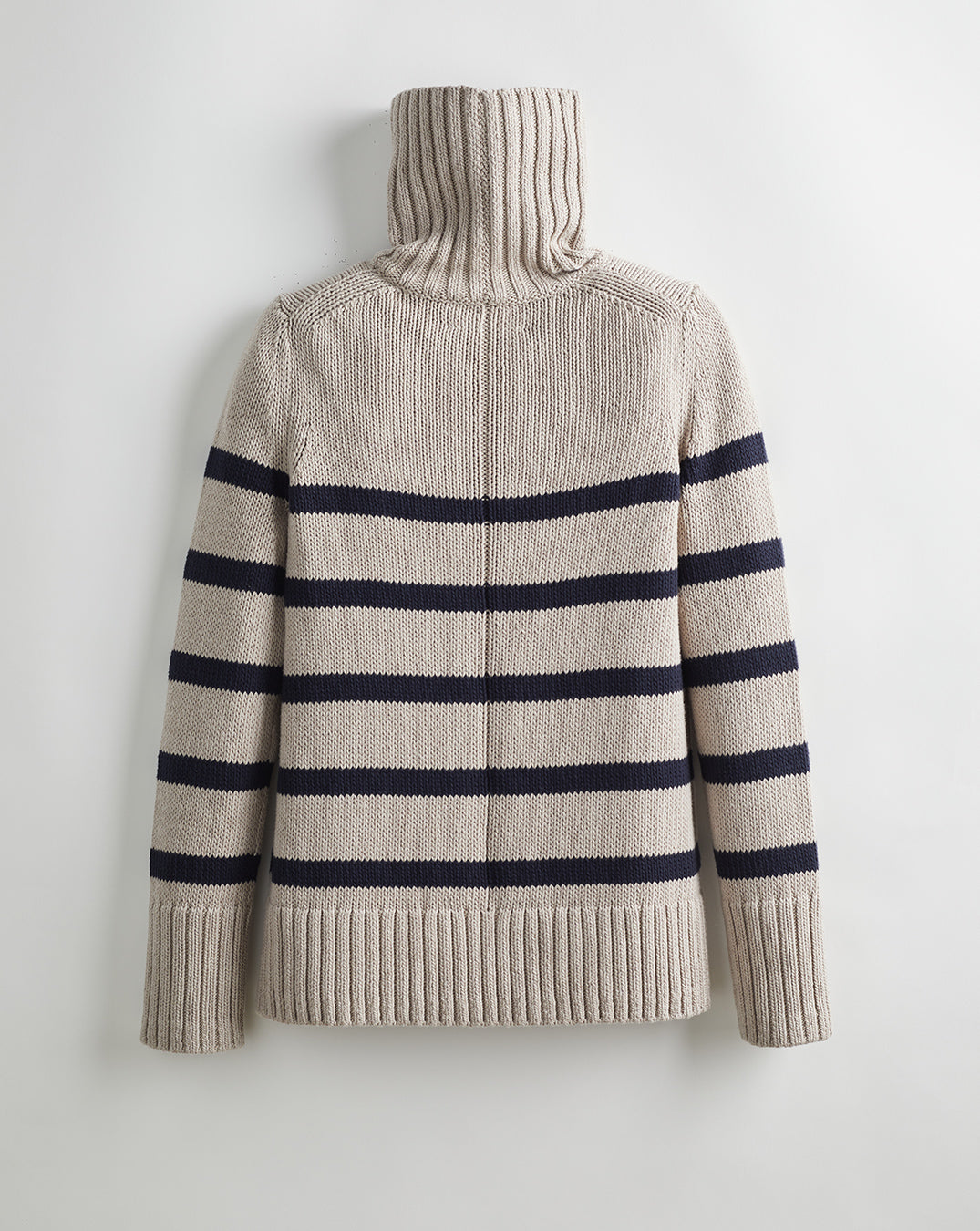 The Wynn Stripe Cotton Turtleneck Sweater in oat and navy, back view — State of Cotton NYC