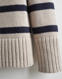 Detail shot of The Wynn Stripe Cotton Turtleneck Sweater in oat and navy — Turkish cotton