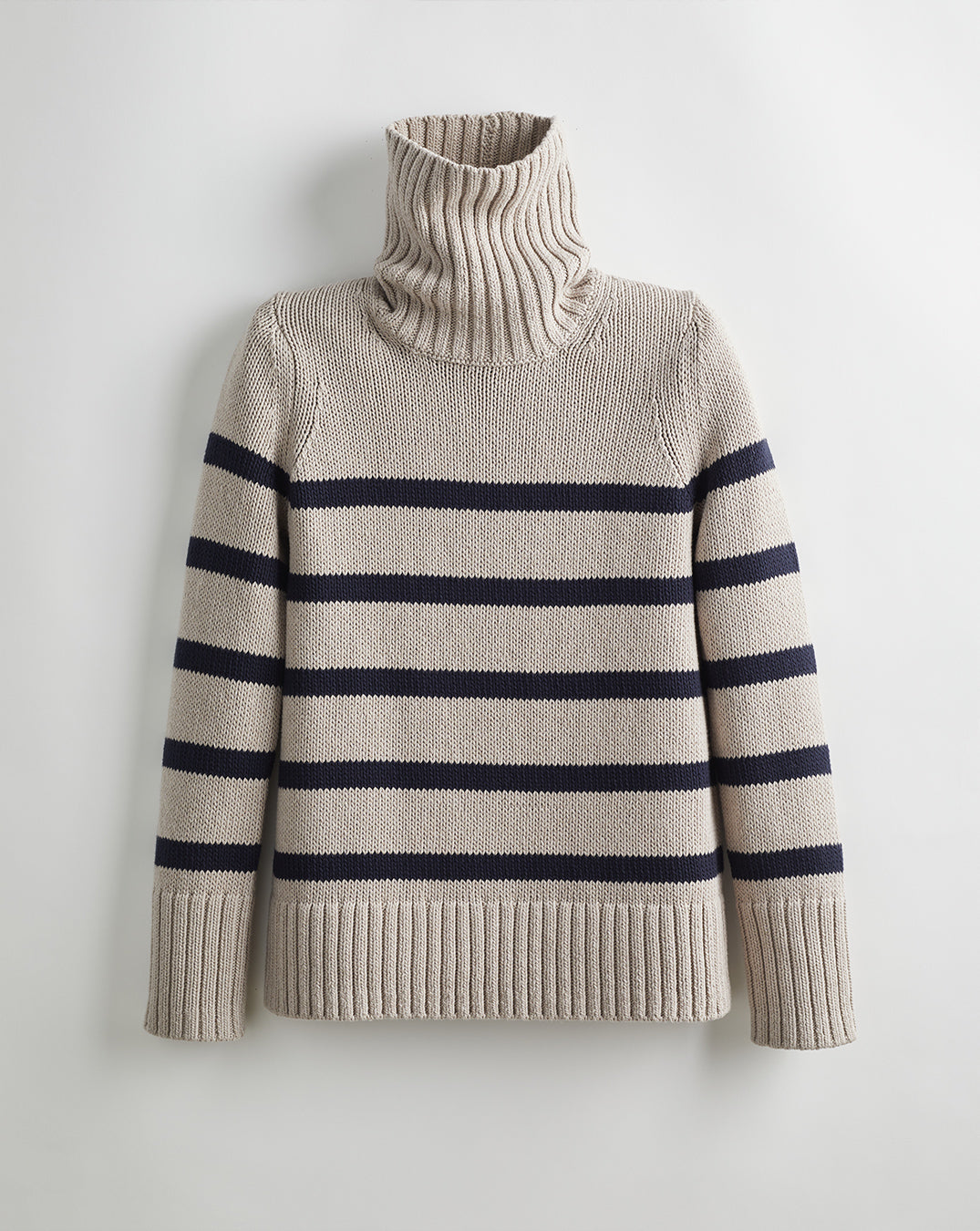 The Wynn Stripe Cotton Turtleneck Sweater in oat and navy, front view — State of Cotton NYC
