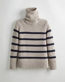 The Wynn Stripe Cotton Turtleneck Sweater in oat and navy, front view — State of Cotton NYC