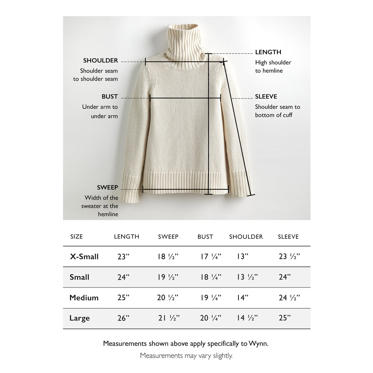 Size chart for The Wynn Stripe Cotton Turtleneck Sweater — State of Cotton NYC